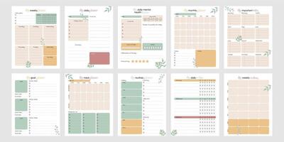 Bullet Journal Planner Set US Letter 8.5x11 in. Printable Daily Weekly Monthly Pages with Mental Health Tracker Checklist and Goals. Cute Layout for Personal Schedule and Organizer vector