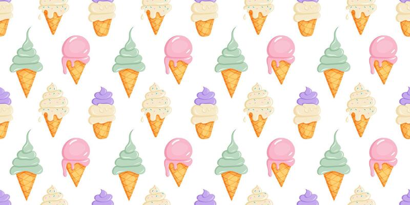 Ice cream pattern with various flavors and waffle cones