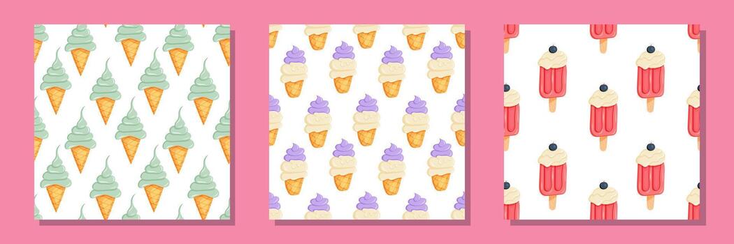 Icecream pattern set with different ice cream cones vector
