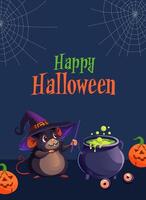 Happy Halloween poster with cute witch mouse and Halloween decorations vector