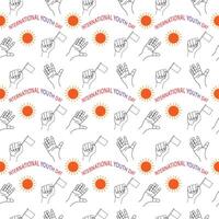 Seamless Pattern of Hand Gestures and Sun with International Youth Day Text. vector