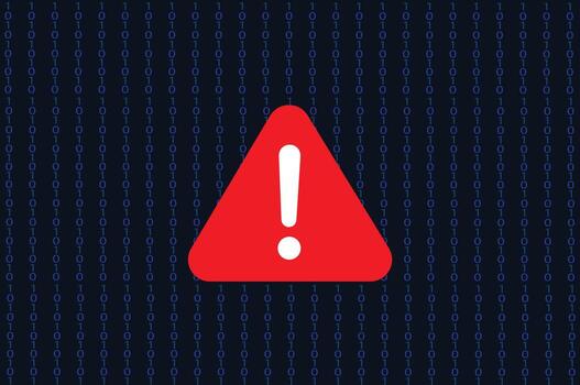 Flat illustration of a cybersecurity alert, featuring a bright red warning sign with an exclamation mark at the center of binary code. vector
