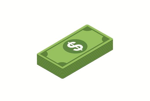 Flat illustration of a stack of green dollar bills in a simple isometric view, with a dollar sign icon on the top bill, isolated on a white background. vector