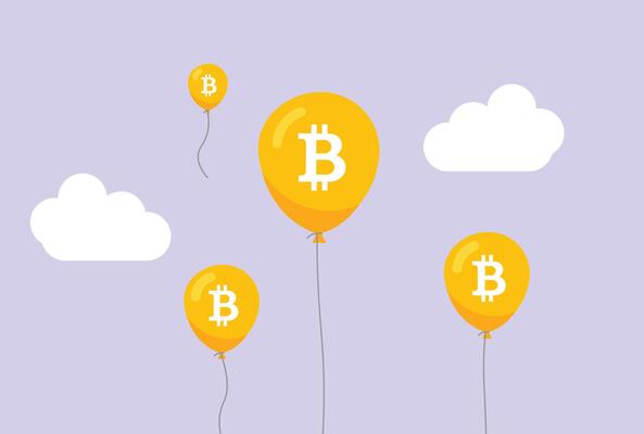 Flying Bitcoin Balloons in Sky, Cryptocurrency Market Rising Concept illustration.