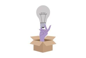 Hand holding Creative idea emerging from cardboard box illustration. vector