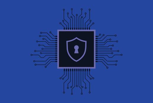 Flat of a high tech cybersecurity shield with a keyhole, set on a dark, simplified circuit board. vector