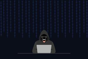 Cyber Hacker with Laptop in Digital Rain Binary Code Data Security Risk Concept Illustration. vector