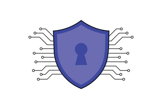 Flat of a high tech cybersecurity shield with a keyhole, set on a dark, circuit board. vector