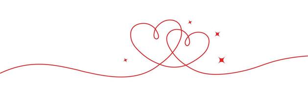 Intertwined red heart outlines, continuous love line art illustration. vector