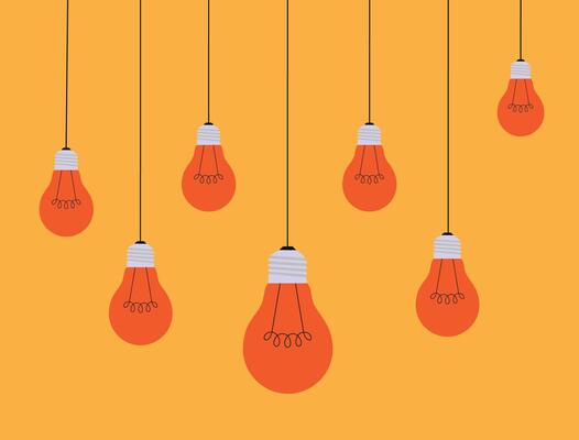 Hanging light bulbs with one glowing on yellow background concept of idea illustration.