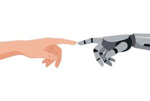 PrintFlat illustration of a human hand and a robotic hand about to touch, index finger to index finger, symbolizing the connection between humanity and technology background. vector