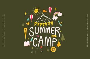 Summer camp kids banner adventure nature background with Summer camp adventure activities set vector