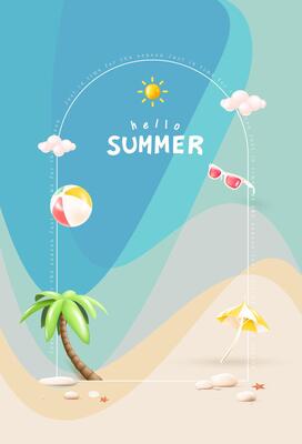 Vertical summer poster with umbrella, palm tree, beach ball, and sunglasses on abstract wave background. Perfect for seasonal ads, holiday graphics, and travel promotions.