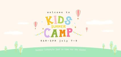 Colorful and minimal poster for kids summer camp in pastel tones with cute cartoon elements and outdoor theme vector