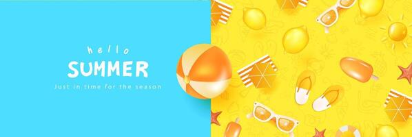 Bright and playful summer banner with beach ball, flip flops, and tropical items on a split blue and yellow background. Ideal for social media or holiday promotions. vector