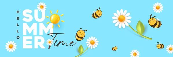 Cute summer banner with bees flying around white daisy flowers and a glowing sun on blue background vector
