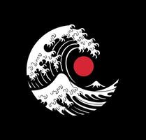 Japanese Inspired Graphic Wave with Red Sun and Mountain Silhouette Illustration vector
