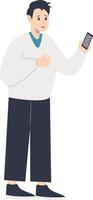 Young Man Holding Technology Device. Cartoon Character. vector