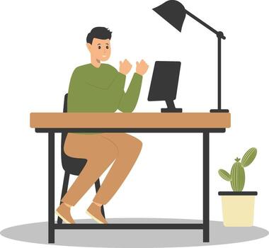 Happy Man Programmer Working at Home. vector