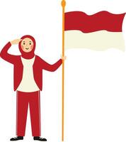 Indonesian Hijab Woman Holding Indonesian Flag with Flat Design vector