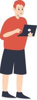 Young Man Holding Technology Device. Cartoon Character vector