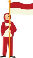 Indonesian Hijab Woman Holding Indonesian Flag in Flat Design vector