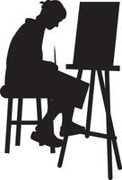 Silhouette of Artist Man Drawing on Canvas with Simple Design. vector