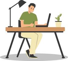 Happy Man Programmer Working at Home. Cartoon Character. vector