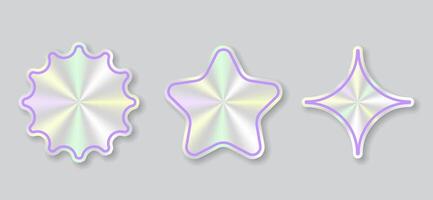 Metallic holographic label frames with pastel shine in square round and floral shapes vector