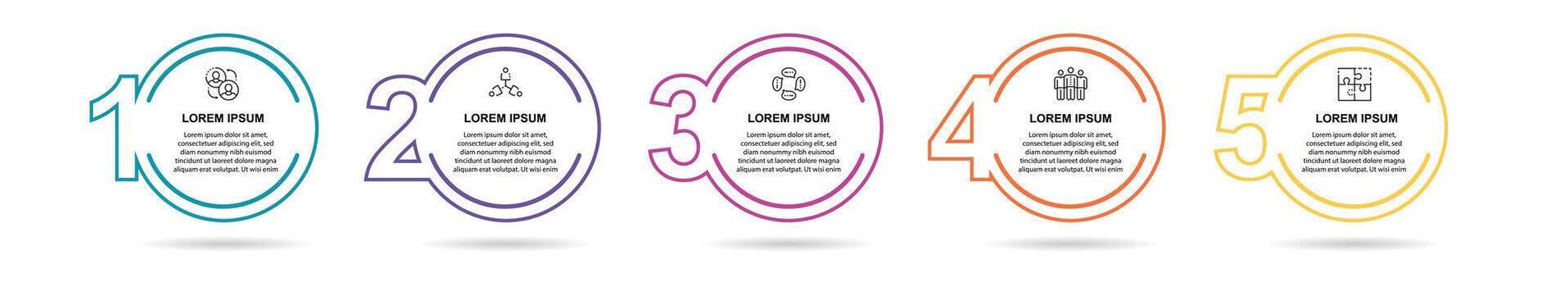 negocio proceso círculos, 5 5 paso línea de tiempo, lineal infografía, administración fluir, estrategia presentación, numerado opciones vector