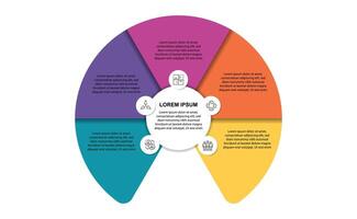 Pie chart infographic, semicircles, business segments, data visualization, five sections, circular flow, colorful diagram vector