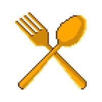 Pixel art of spoon, plate, and fork. Pixelated resto and cafe logo. Dining pixel icon vector