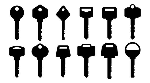 Isolate Black Key Icon set, Private and Safety key graphic elements, Silhouette key symbol, Lock, Keyword in Modern style, Retro, Security Lock illustration for business, stock vector