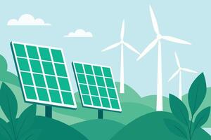 Renewable Energy Landscape Illustration Solar Panels and Wind Turbines vector