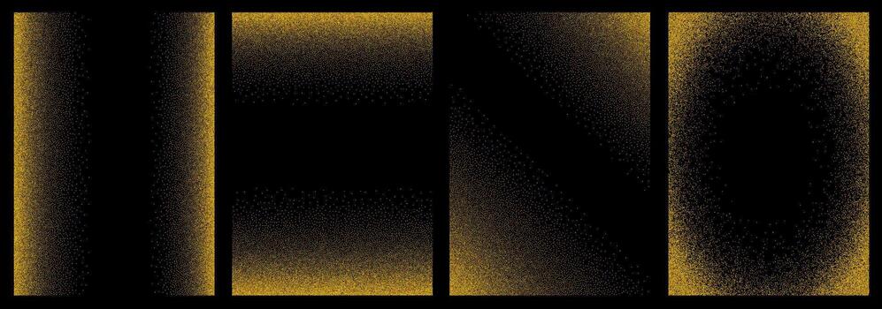 Set of golgen confetti overlays. Collection of vertical template with glittering effect. Noise grain background. Trendy templates with gold colored dust particles. Gradient diffuse dots vector