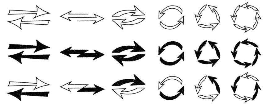 Set of hand drawn two arrow switch symbols. Textured collection of exchange, circulation, opposite directions arrow icons vector