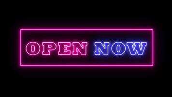 Flickering Open Now Text animation with neon light. Luminous and shimmering haze inside the letters of the text Open Now. Open Now neon sign. video