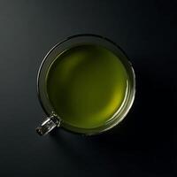 Green Tea in Clear Glass Cup on Dark Background Still Life photo
