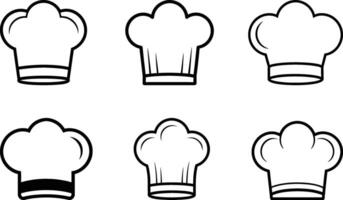 Collection of six simple chef hats in black outline isolated on transparent background vector