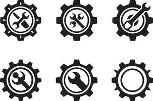 Collection of gear and wrench icons representing mechanical services isolated on transparent background vector