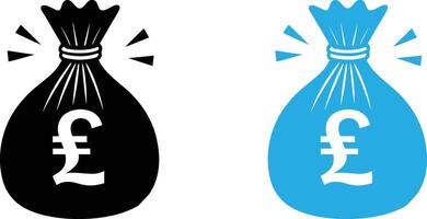 Black and blue pound sterling money bag icons isolated on transparent background vector