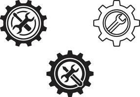 Three gear icons with tools inside isolated on transparent background vector