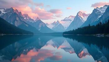 Reflecting Lake with Mountains at Sunset and Forest Landscape Scenery photo