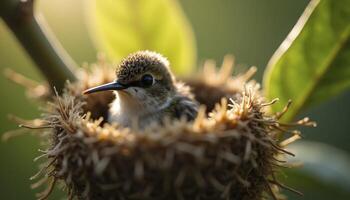 Hummingbird Chick Inside Nest In Sunlight Glow photo