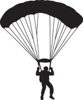 Black silhouette of a skydiver descending with a parachute skydiving vector