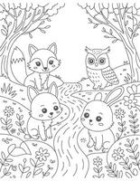 Cute forest animals by a stream with trees and flowers rabbit river vector