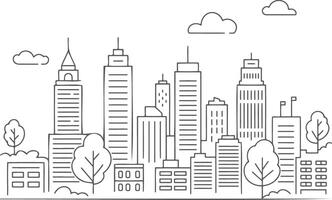 Cityscape with skyscrapers trees and clouds line art buildings vector