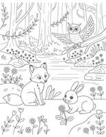Fox rabbit owl forest stream flowers vector