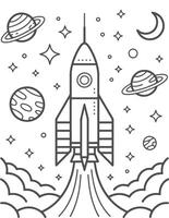 Rocket ship blasting off through clouds into starry space with planets spaceship vector