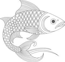 Stylized fish with intricate scales and flowing fins outline drawing vector